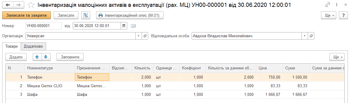 Форма інвентаризації малоцінних активів в експлуатації
