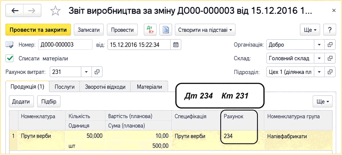 Документ «Звіт виробництва за зміну» з випуском продукції на рахунок 234 «Давальницьке виробництво»