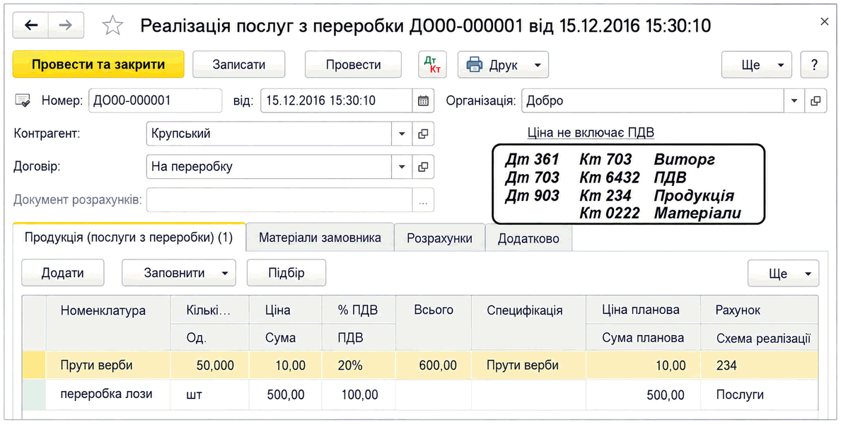 Документ «Реалізація послуг з переробки» з вкладками «Продукція (послуги з переробки)» та «Матеріали замовника»