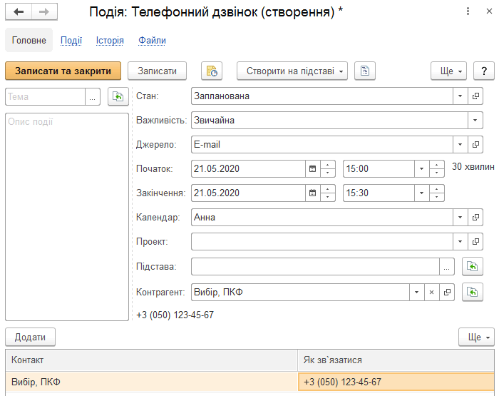 Форма документа Подія