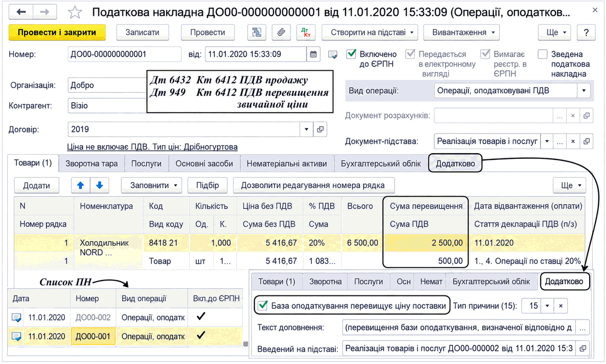 Податкова накладна з продажем нижче звичайної ціни та сумою перевищення у табличній частині