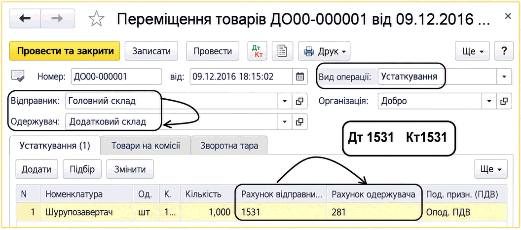 Документ «Переміщення товарів» із зазначенням складу-відправника, складу-одержувача та рахунків обліку устаткування