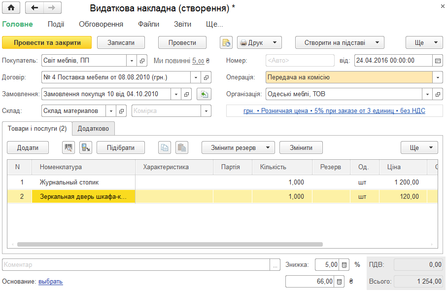 Оформлення передачі товарів на комісію