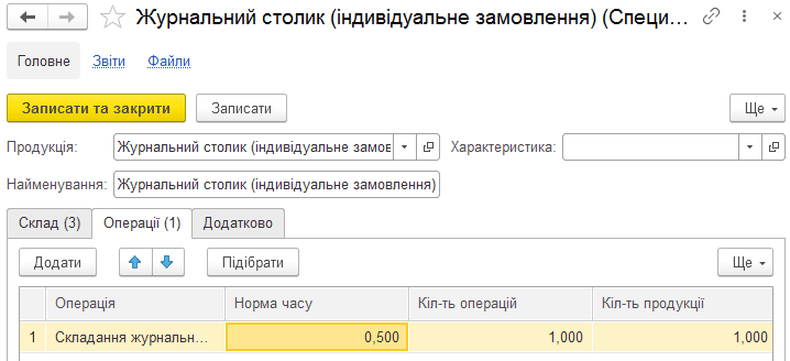 Закладка Операції у специфікації