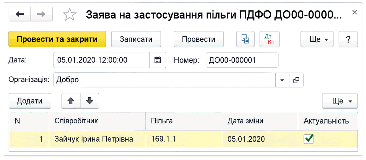 Документ «Заява на застосування пільги ПДФО» з переліком співробітників, пільг і дат змін