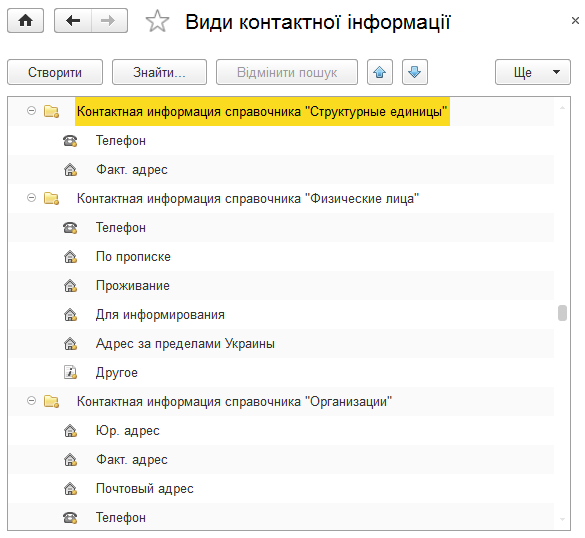 Налаштування видів контактної інформації