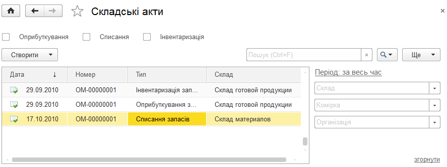Журнал складських актів
