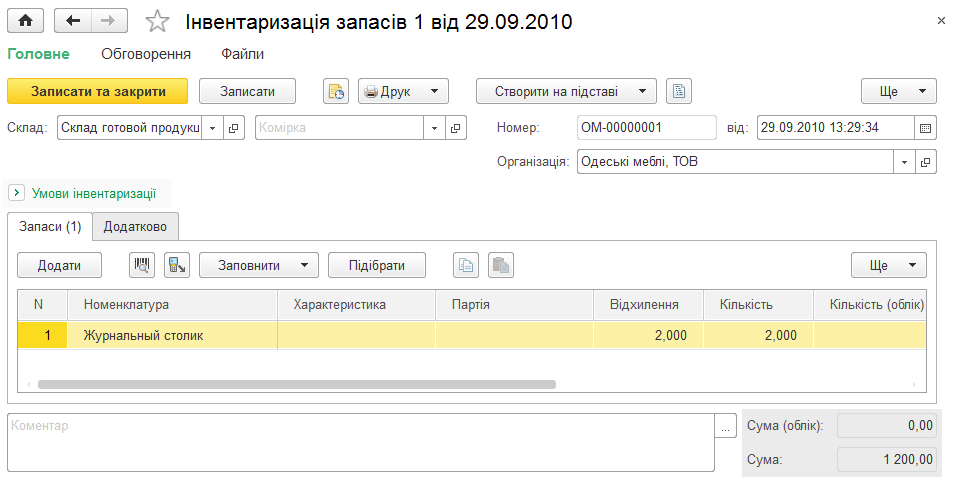 Форма документа Інвентаризація запасів