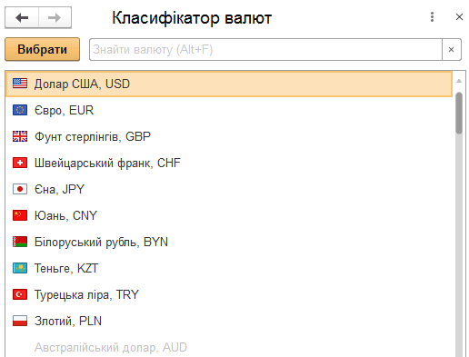Форма підбору валют із класифікатора