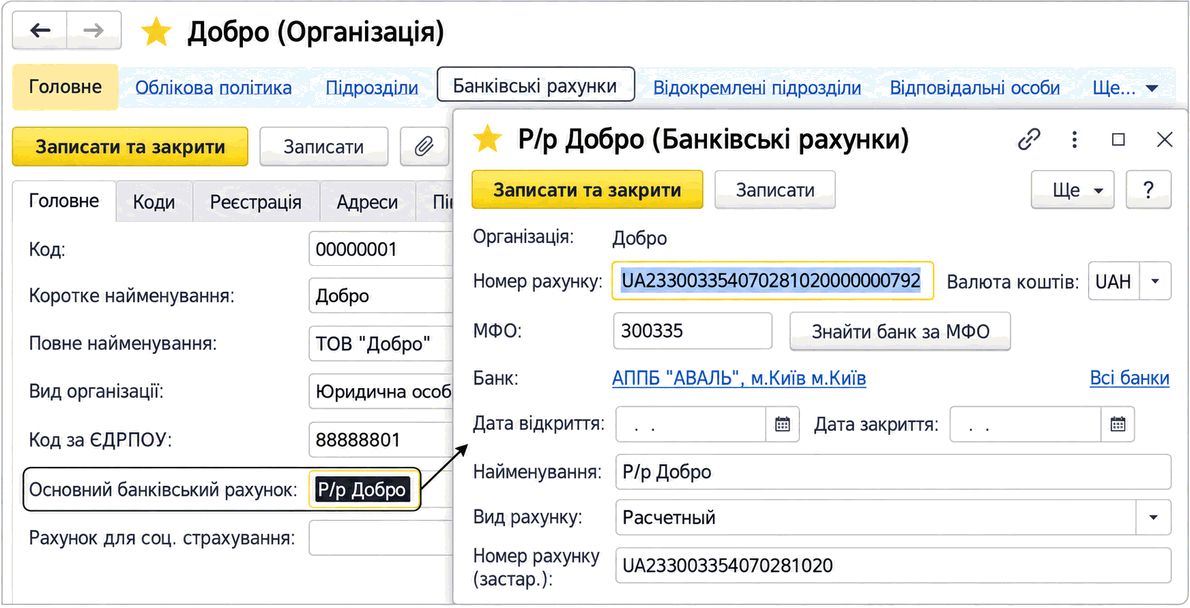 Картка організації «Добро» з формою банківських рахунків і реквізитами рахунку