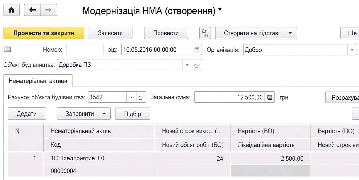 Форма документа Модернізація НМА
