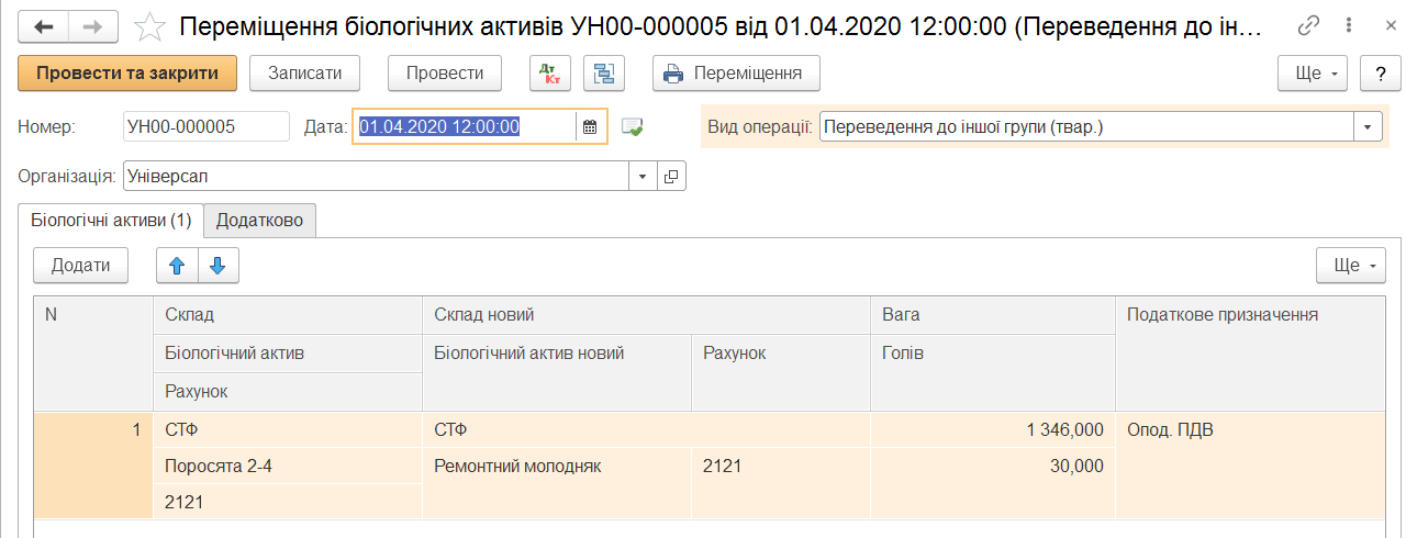 Табличная часть документа для перевода животных в другую группу