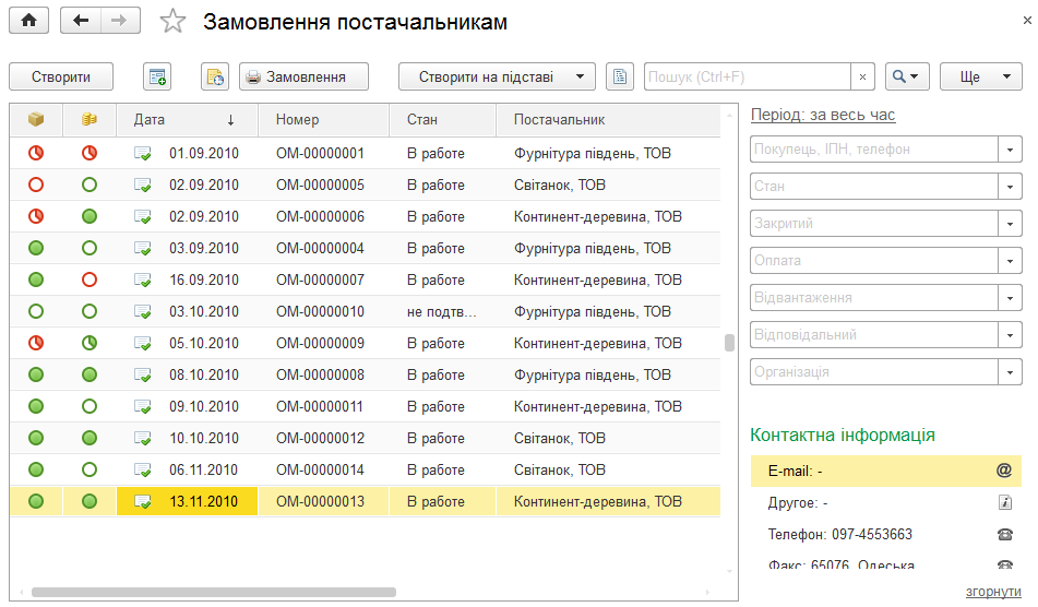 Форма документа Замовлення постачальникові