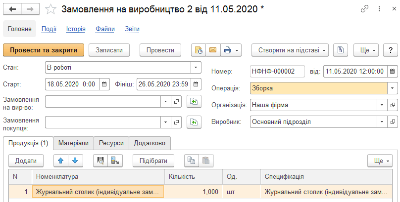 Форма документа Замовлення на виробництво