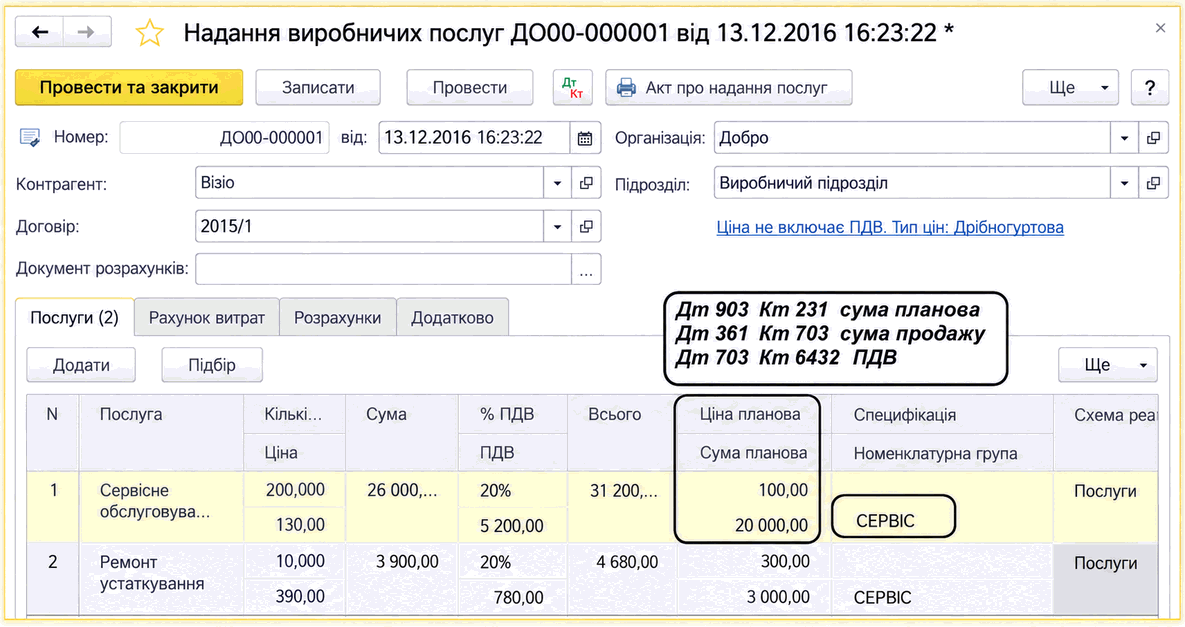 Документ «Надання виробничих послуг» із ціною реалізації, плановою вартістю та номенклатурною групою