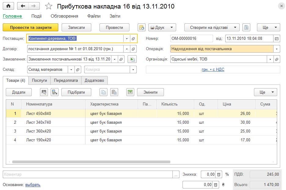 Форма документа Прибуткова накладна