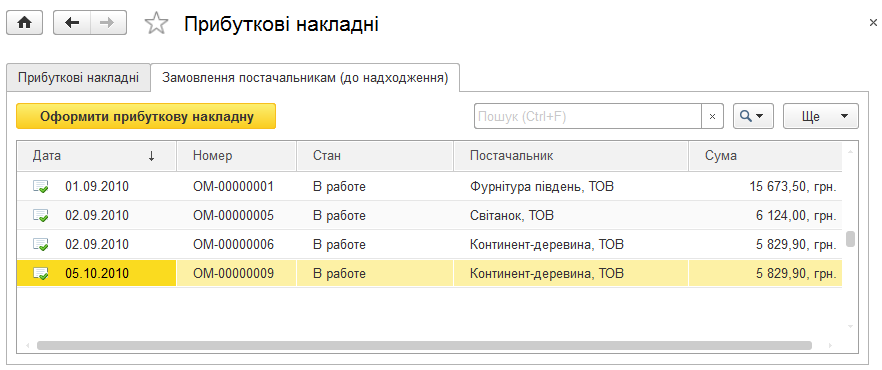 Список прибуткових накладних