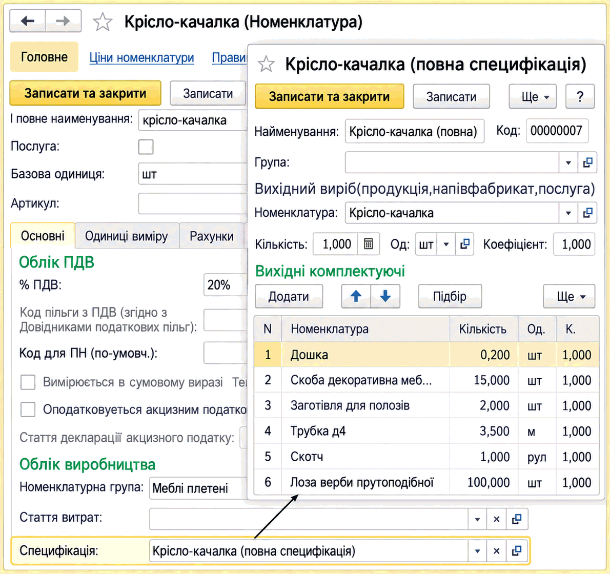 Форма специфікації номенклатури для крісла-качалки з переліком вихідних комплектуючих